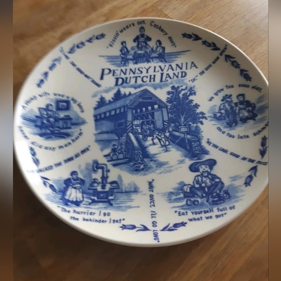 Plate, Pennsylvania Dutch Land 9" Plate, Blue & White W Pa Dutch Sayings - Picture 1 of 2